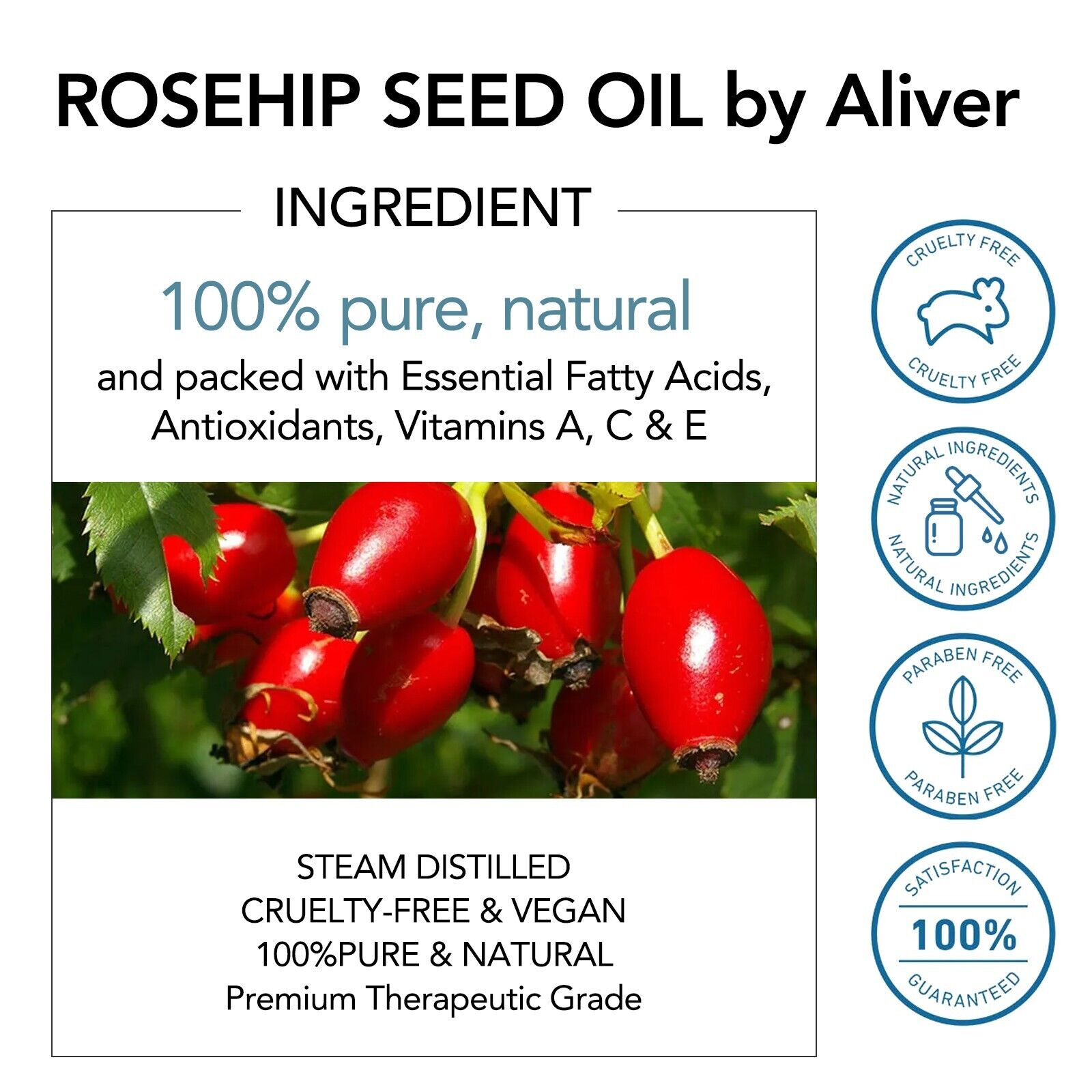 Rosehip Oil - Organic Cold Pressed 100% Pure Natural, Hydrating, Nourishing