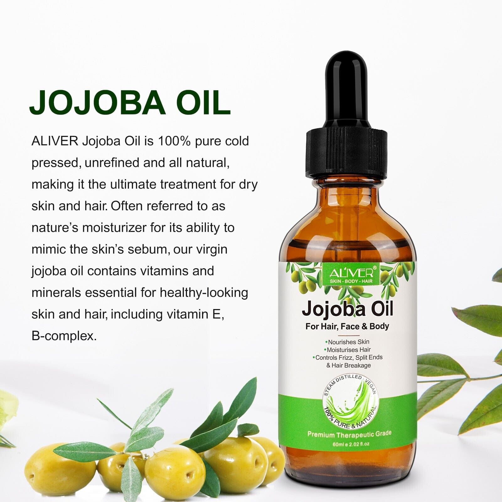 Jojoba Oil 60ml - 100% Pure, Natural & Cold Pressed for Hair & Skin Care,