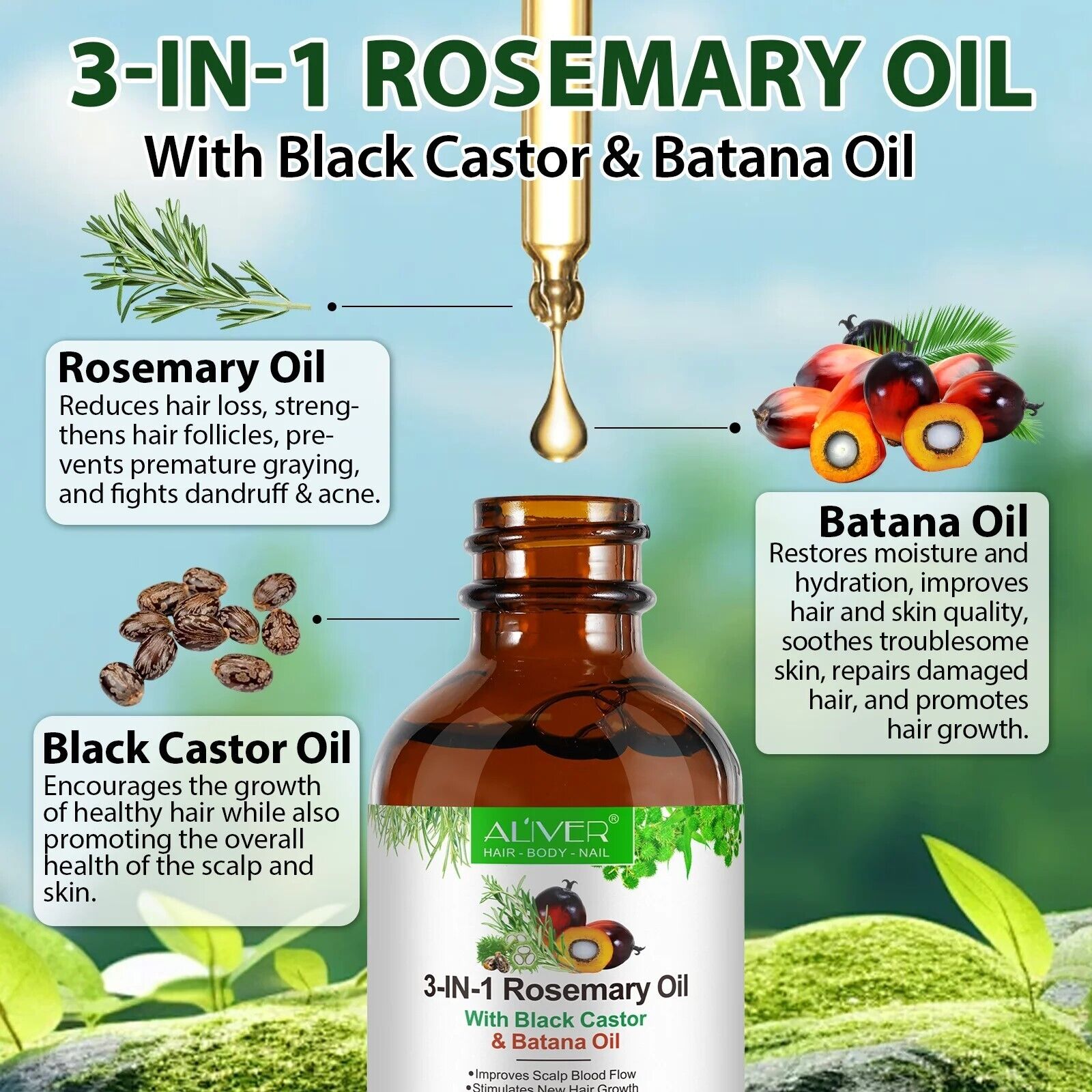 3in1 Rosemary Oil with Black Castor & Batana Oil - Growth, Strength, and Nourish