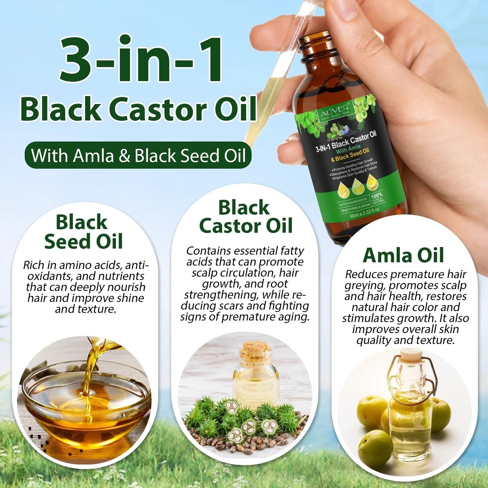 3in1 Black Castor Oil with Amla & Black Seed Oil - Strength, Shine, and Growth