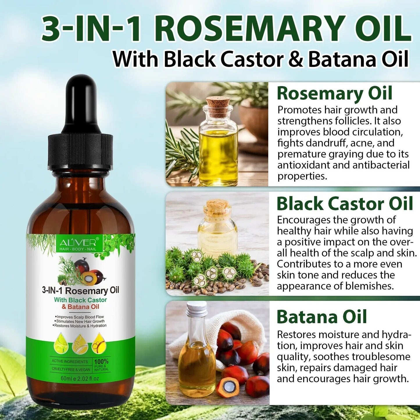 3in1 Rosemary Oil with Black Castor & Batana Oil - Growth, Strength, and Nourish