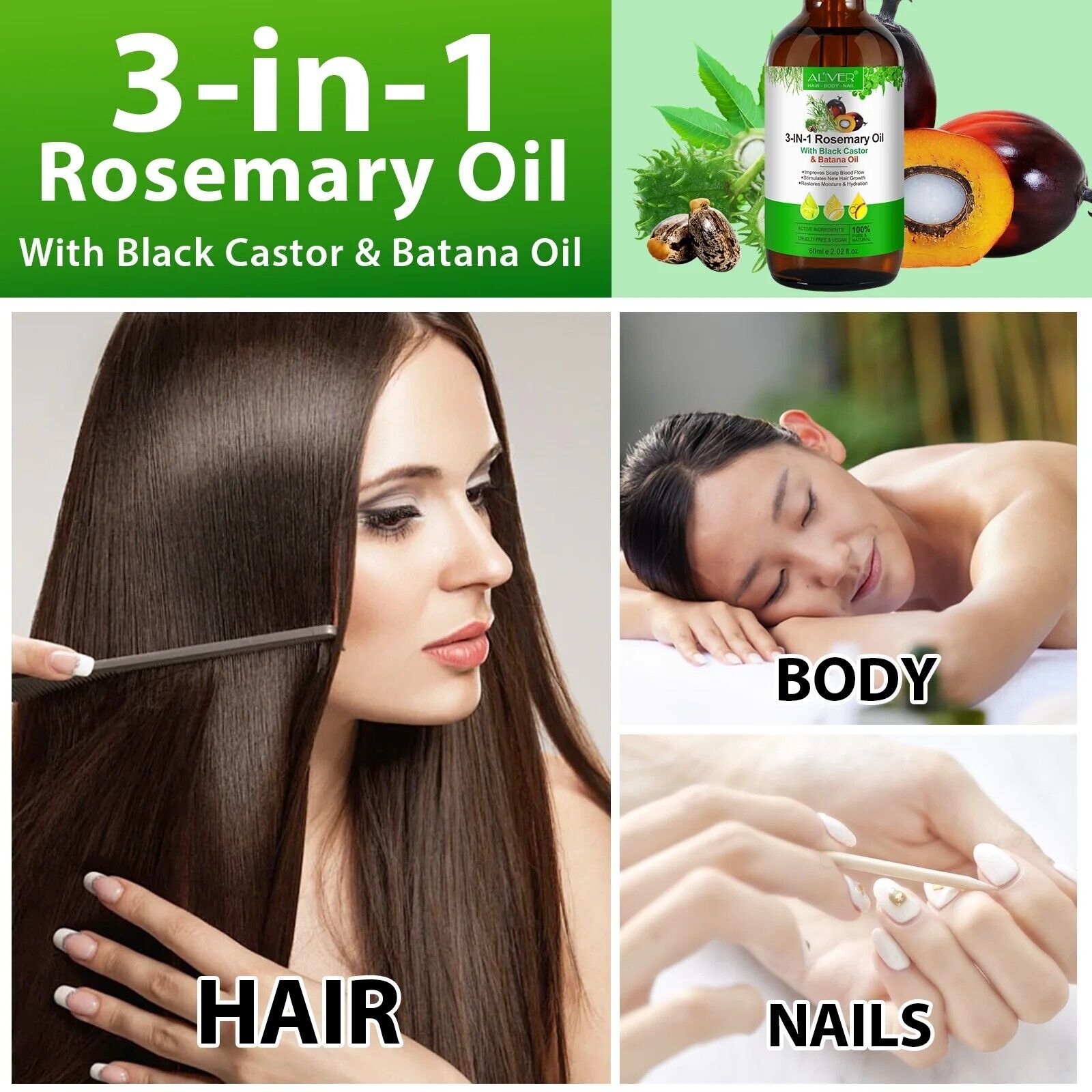 3in1 Rosemary Oil with Black Castor & Batana Oil - Growth, Strength, and Nourish