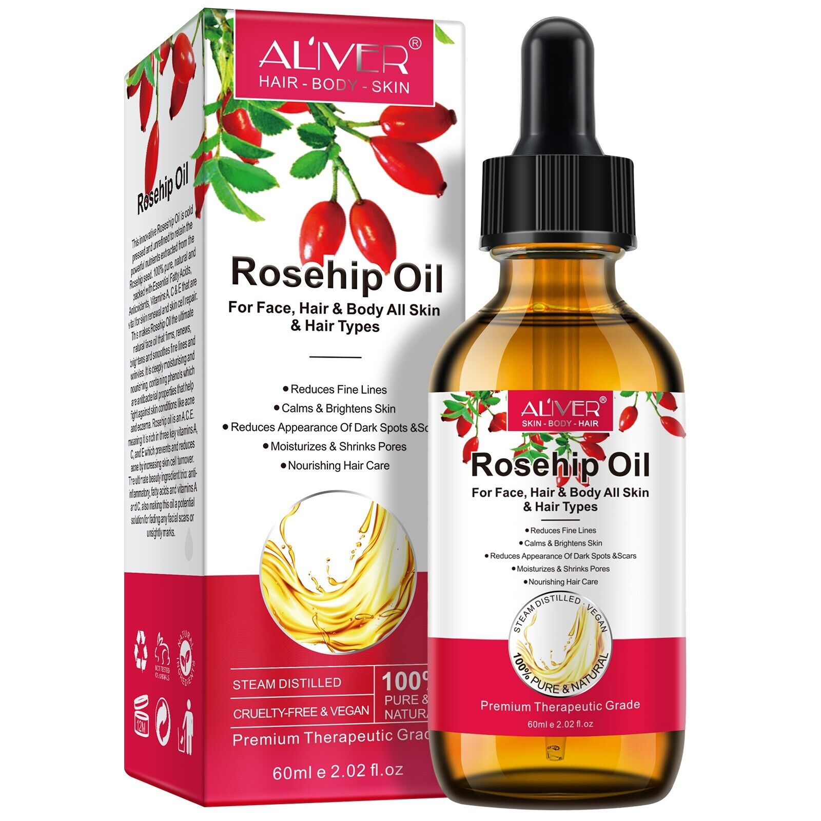 Rosehip Oil - Organic Cold Pressed 100% Pure Natural, Hydrating, Nourishing